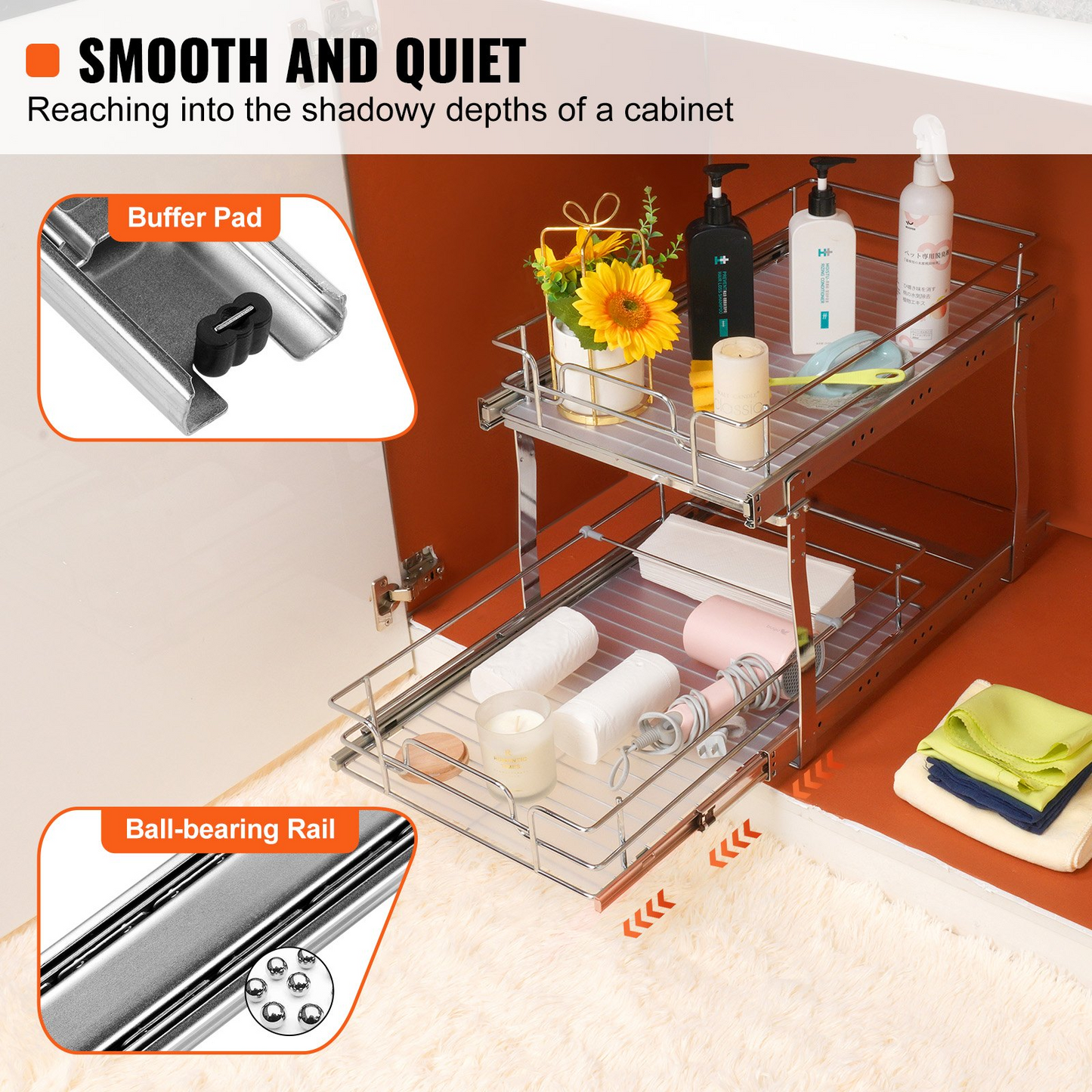 VEVOR 2 Tier Pull Out Cabinet Organizer - 14"W x 21"D Heavy Duty Slide Out Pantry Shelves for Kitchen & Bathroom Storage