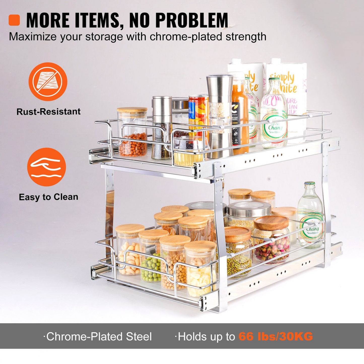 VEVOR 2 Tier Pull Out Cabinet Organizer - 14"W x 21"D Heavy Duty Slide Out Pantry Shelves for Kitchen & Bathroom Storage
