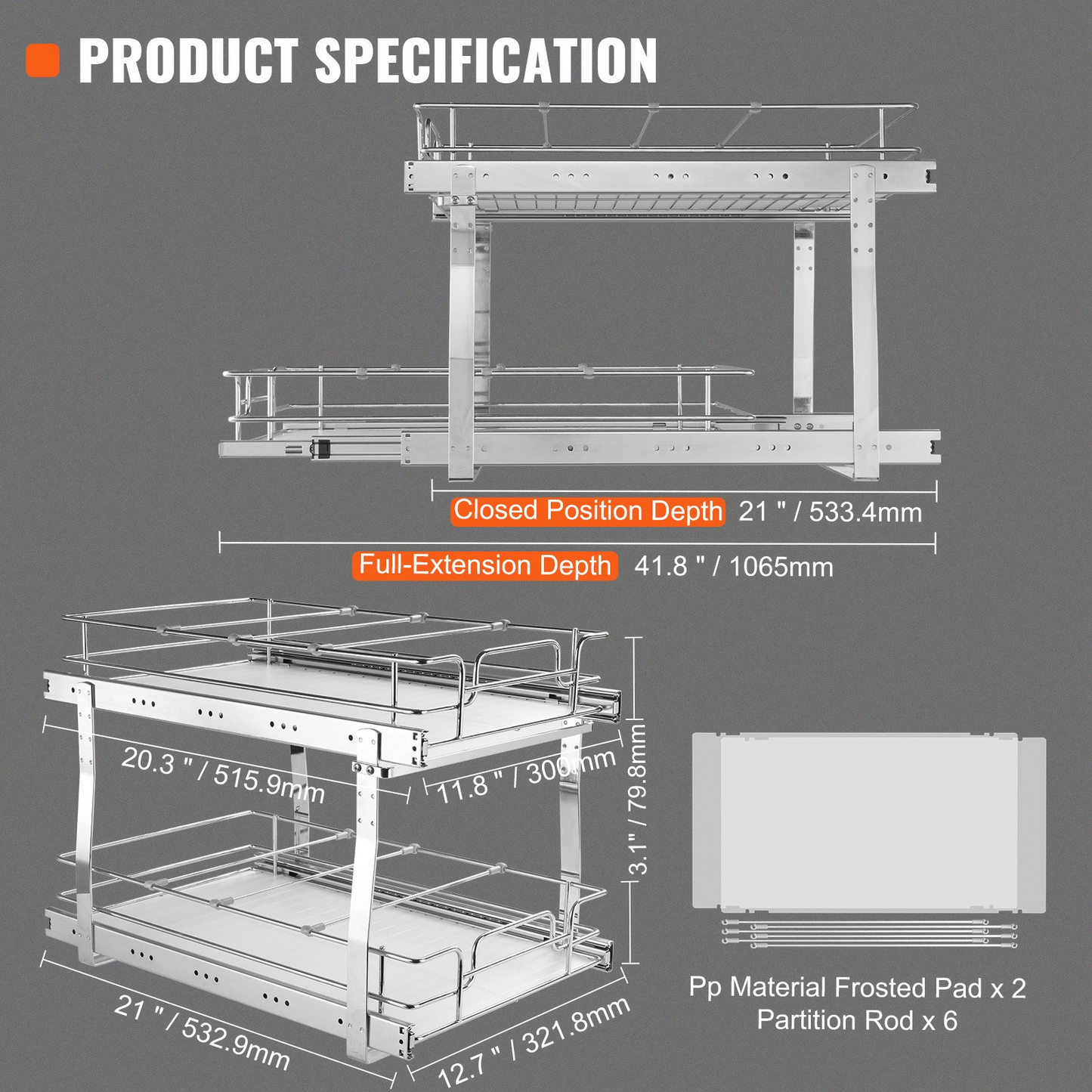 VEVOR 2 Tier Pull Out Cabinet Organizer - 14"W x 21"D Heavy Duty Slide Out Pantry Shelves for Kitchen & Bathroom Storage
