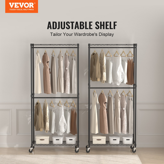 VEVOR Heavy Duty Clothes Rack - Double Hanging Rods, Mobile Garment Organizer with 300 lbs Capacity, Sturdy Carbon Steel Rolling Rack for Bedrooms, Laundry Rooms, and Retail Stores
