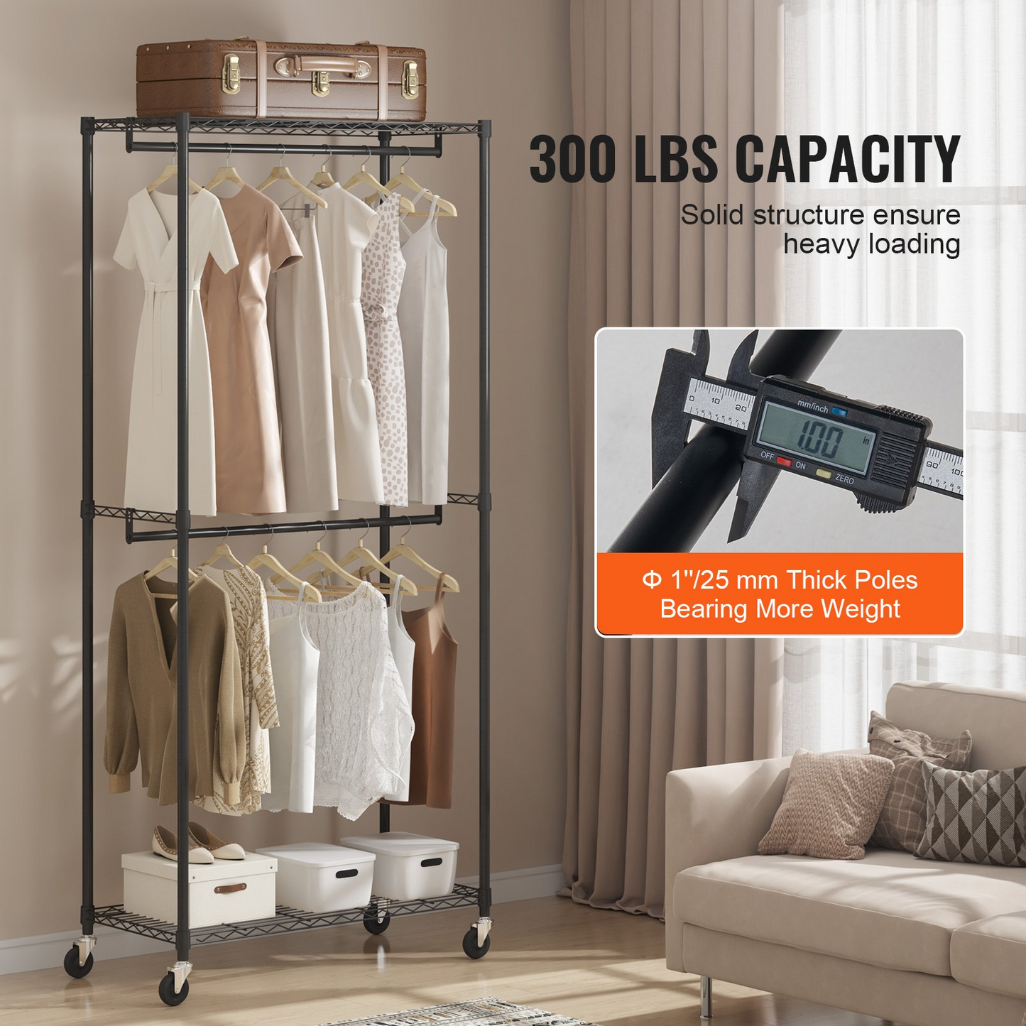 VEVOR Heavy Duty Clothes Rack - Double Hanging Rods, Mobile Garment Organizer with 300 lbs Capacity, Sturdy Carbon Steel Rolling Rack for Bedrooms, Laundry Rooms, and Retail Stores