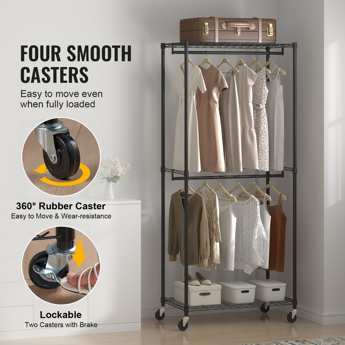 VEVOR Heavy Duty Clothes Rack - Double Hanging Rods, Mobile Garment Organizer with 300 lbs Capacity, Sturdy Carbon Steel Rolling Rack for Bedrooms, Laundry Rooms, and Retail Stores