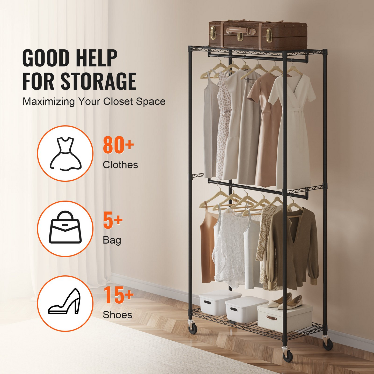VEVOR Heavy Duty Clothes Rack - Double Hanging Rods, Mobile Garment Organizer with 300 lbs Capacity, Sturdy Carbon Steel Rolling Rack for Bedrooms, Laundry Rooms, and Retail Stores