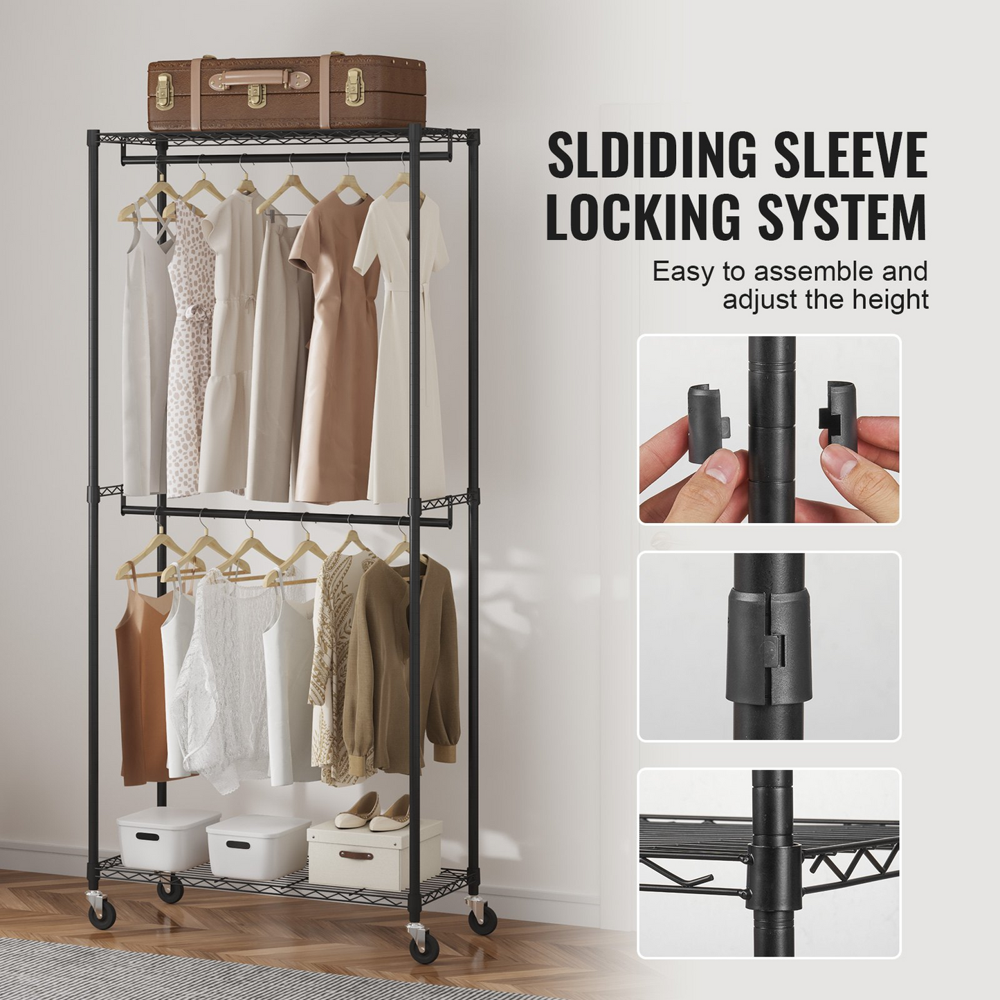 VEVOR Heavy Duty Clothes Rack - Double Hanging Rods, Mobile Garment Organizer with 300 lbs Capacity, Sturdy Carbon Steel Rolling Rack for Bedrooms, Laundry Rooms, and Retail Stores
