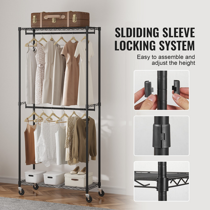 VEVOR Heavy Duty Clothes Rack - Double Hanging Rods, Mobile Garment Organizer with 300 lbs Capacity, Sturdy Carbon Steel Rolling Rack for Bedrooms, Laundry Rooms, and Retail Stores