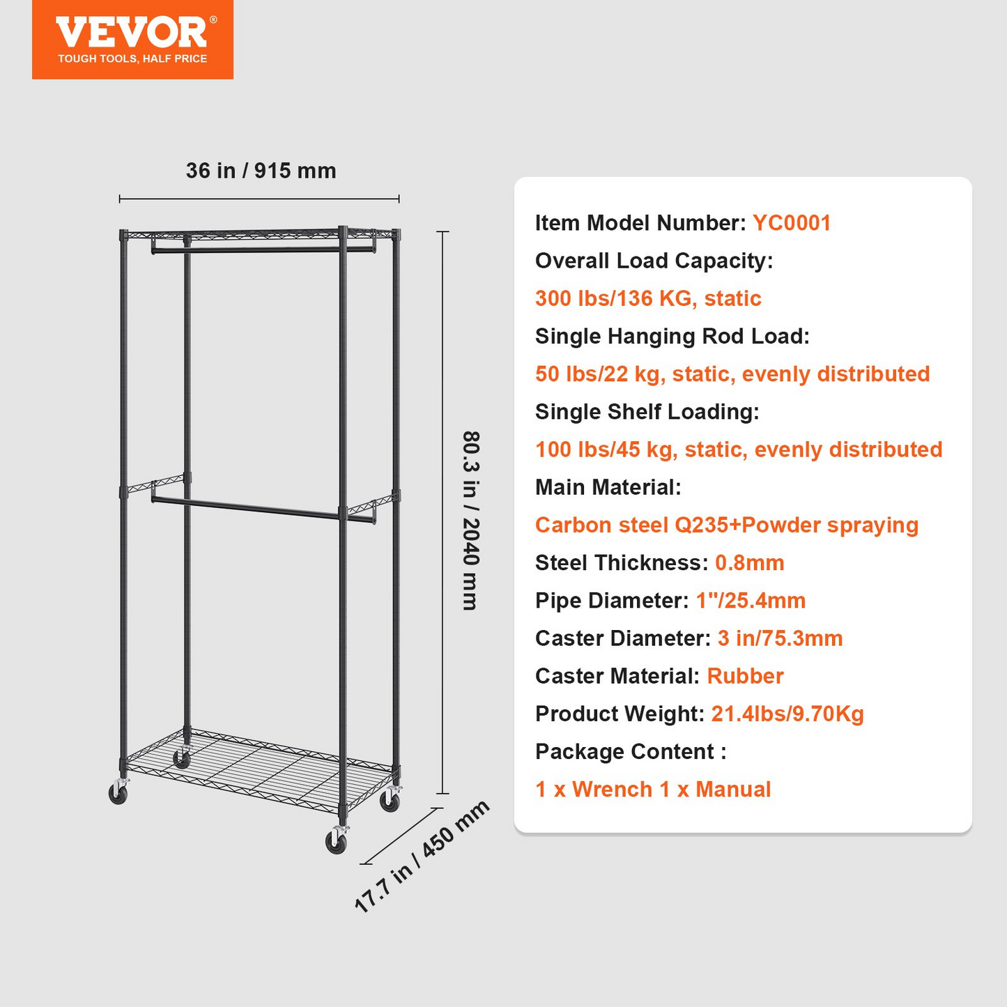 VEVOR Heavy Duty Clothes Rack - Double Hanging Rods, Mobile Garment Organizer with 300 lbs Capacity, Sturdy Carbon Steel Rolling Rack for Bedrooms, Laundry Rooms, and Retail Stores