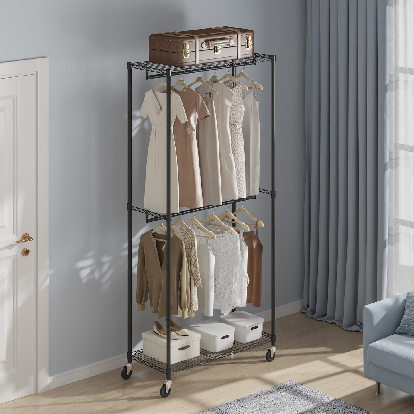 VEVOR Heavy Duty Clothes Rack - Double Hanging Rods, Mobile Garment Organizer with 300 lbs Capacity, Sturdy Carbon Steel Rolling Rack for Bedrooms, Laundry Rooms, and Retail Stores
