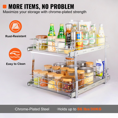 VEVOR 2 Tier 17"W x 21"D Pull Out Cabinet Organizer | Heavy Duty Slide Out Pantry Shelves