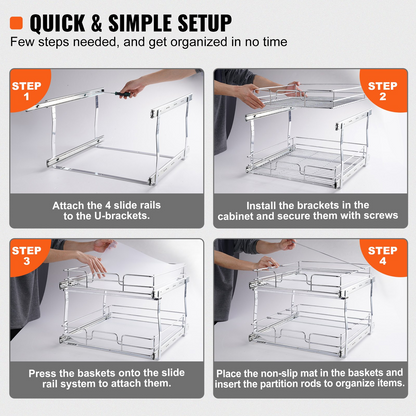 VEVOR 2 Tier 17"W x 21"D Pull Out Cabinet Organizer | Heavy Duty Slide Out Pantry Shelves