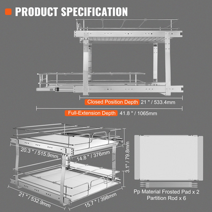 VEVOR 2 Tier 17"W x 21"D Pull Out Cabinet Organizer | Heavy Duty Slide Out Pantry Shelves