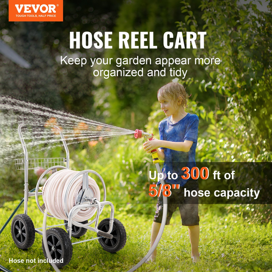 VEVOR Heavy Duty Hose Reel Cart - 300 ft Capacity, 4-Wheel Garden Water Hose Storage with Convenient Basket