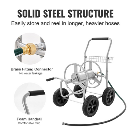 VEVOR Heavy Duty Hose Reel Cart - 300 ft Capacity, 4-Wheel Garden Water Hose Storage with Convenient Basket