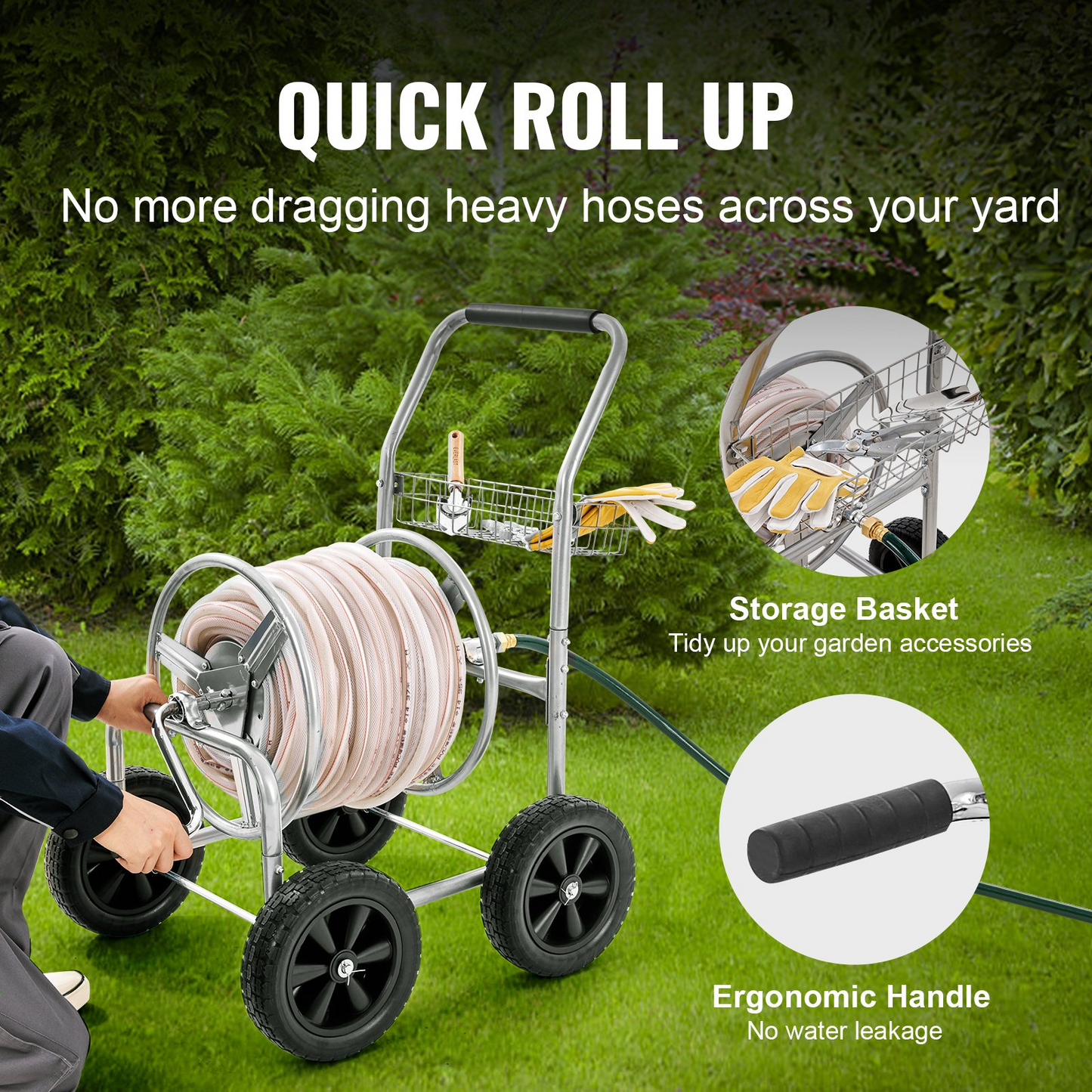 VEVOR Heavy Duty Hose Reel Cart - 300 ft Capacity, 4-Wheel Garden Water Hose Storage with Convenient Basket