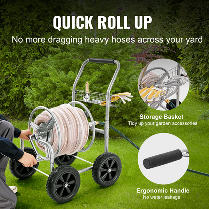 VEVOR Heavy Duty Hose Reel Cart - 300 ft Capacity, 4-Wheel Garden Water Hose Storage with Convenient Basket