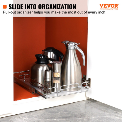 VEVOR Pull Out Cabinet Organizer, 11"W x 21"D, Heavy Duty Slide Out Pantry Shelves, Chrome-Plated Steel Roll Out Drawers for Kitchen, Bathroom & Under Sink Storage