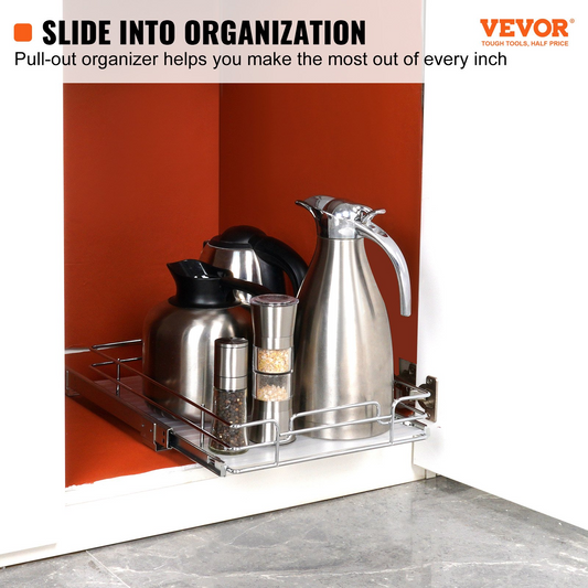 VEVOR Pull Out Cabinet Organizer, 11"W x 21"D, Heavy Duty Slide Out Pantry Shelves, Chrome-Plated Steel Roll Out Drawers for Kitchen, Bathroom & Under Sink Storage