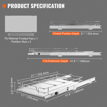 VEVOR 11"W x 21"D Pull Out Cabinet Organizer - Heavy Duty Slide Out Pantry Shelves - Chrome-Plated Steel Roll Out Drawers - Sliding Drawer Storage for Home, Kitchen, Bathroom, Under Sink