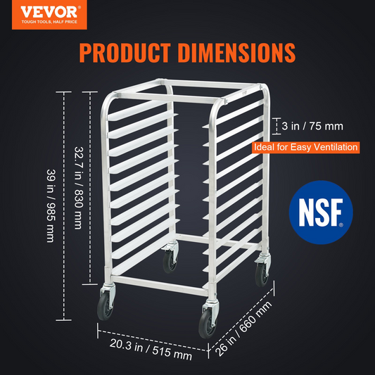 VEVOR 10-Tier Bun Pan Rack with Brake Wheels - Sturdy & Versatile Aluminum Bakery Storage Solution