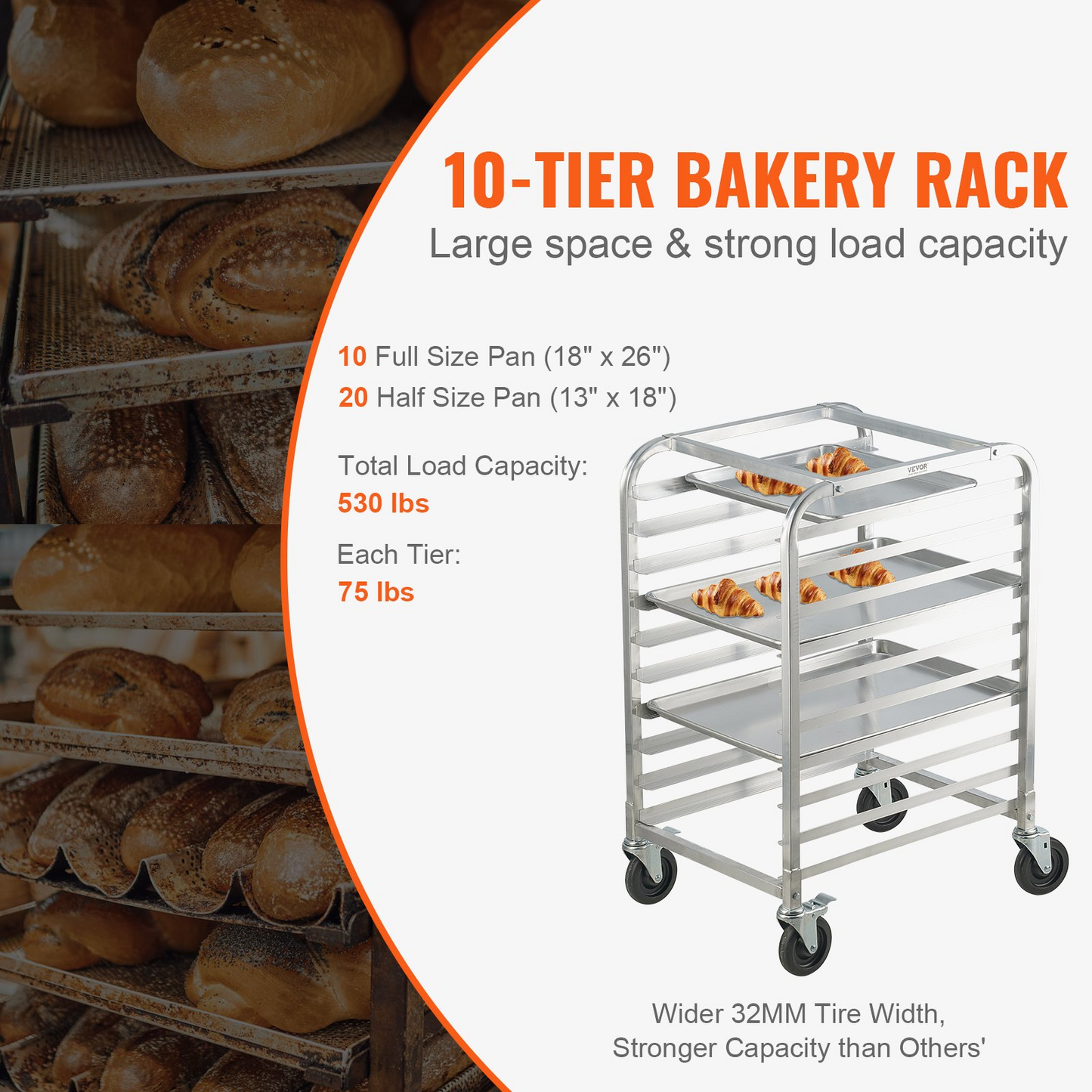 VEVOR 10-Tier Bun Pan Rack with Brake Wheels - Sturdy & Versatile Aluminum Bakery Storage Solution
