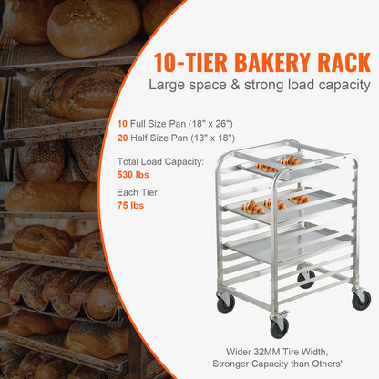 VEVOR 10-Tier Bun Pan Rack with Brake Wheels - Sturdy & Versatile Aluminum Bakery Storage Solution
