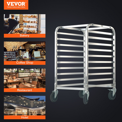 VEVOR 10-Tier Bun Pan Rack with Brake Wheels - Sturdy & Versatile Aluminum Bakery Storage Solution