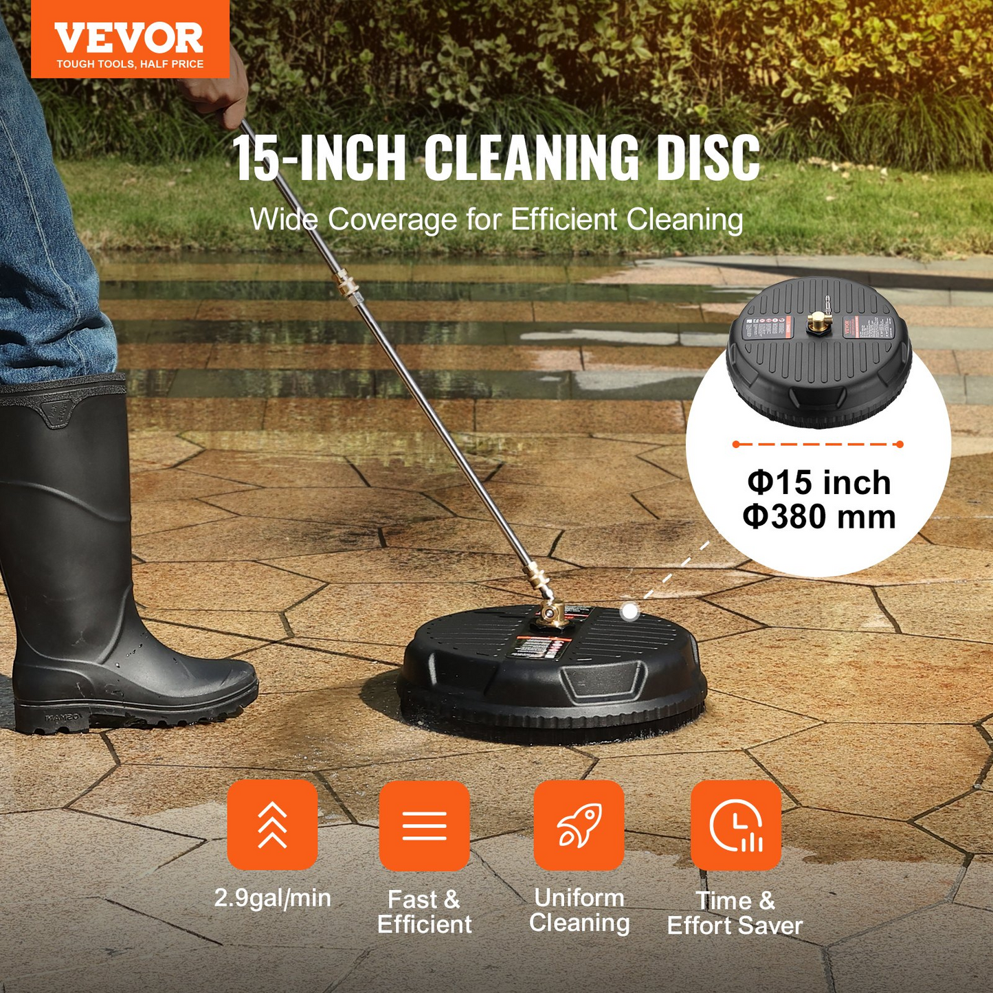 VEVOR Universal 15" Pressure Washer Surface Cleaner - Heavy Duty Power Washer for Floor, Driveway, Patio, and Sidewalk