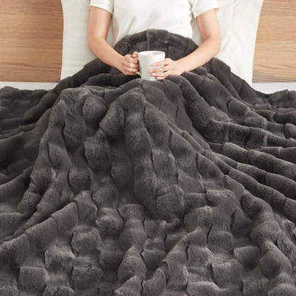 Luxurious Faux Fur Throw Blanket - Ultra Soft, Machine Washable, Basket Weave Pattern - Oeko-Tex Certified