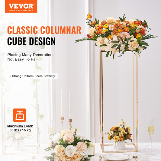 VEVOR 2PCS 31.5inch High Wedding Flower Stand - Metal Vase Column Geometric Centerpiece Stands - Gold Rectangular Floral Display Rack for T-Stage Events Reception, Party Decoration Home