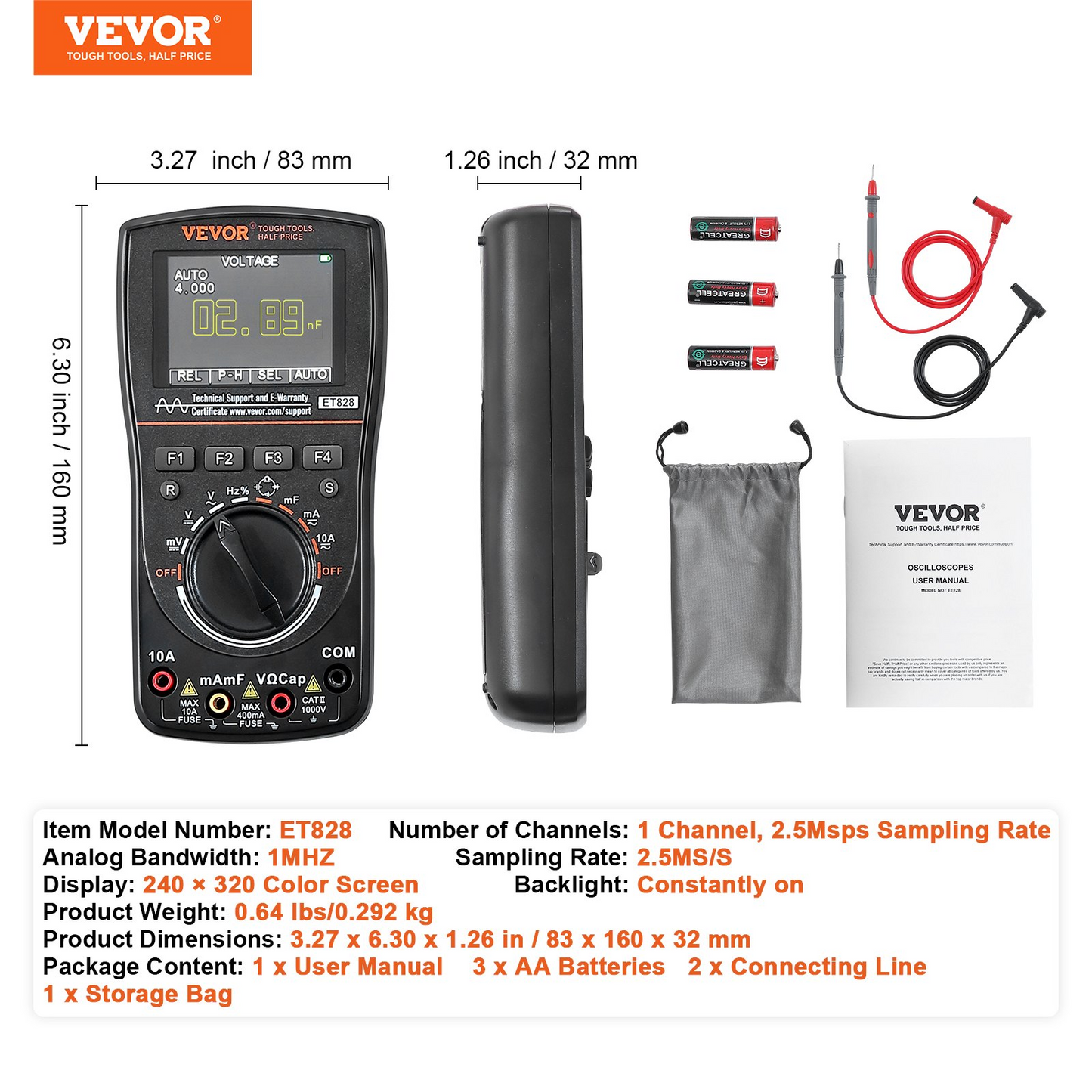 VEVOR 2-in-1 Handheld Digital Oscilloscope – High Precision, Portable Multimeter for Automotive Repair