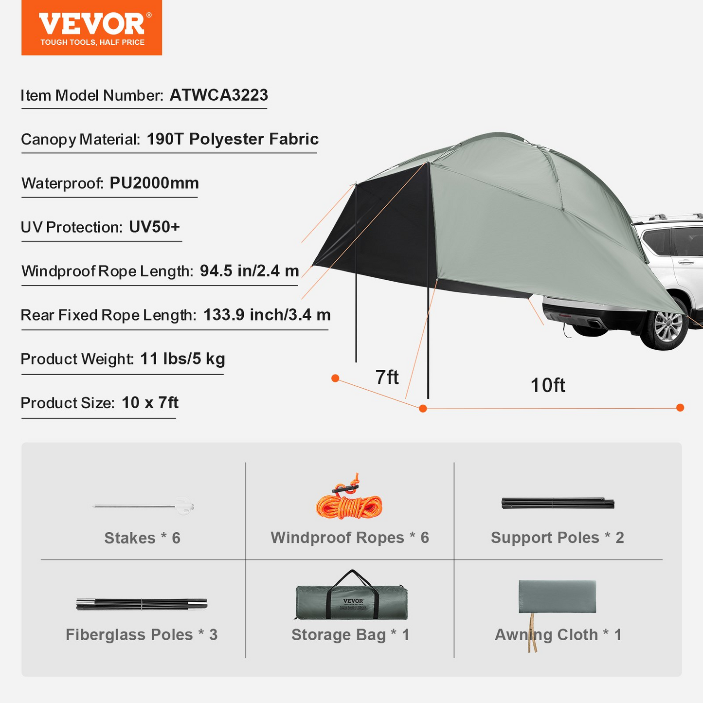 VEVOR Vehicle Awning - Large 10' x 7' Shade Coverage Car Side Awning