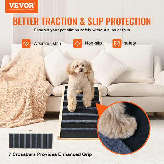 VEVOR Folding Dog Ramp - Adjustable Wooden Pet Ramp for Bed, Couch, Sofa, and Car - Ideal for Small, Large, and Elderly Pets - 5 Height Levels - Portable & Durable Design