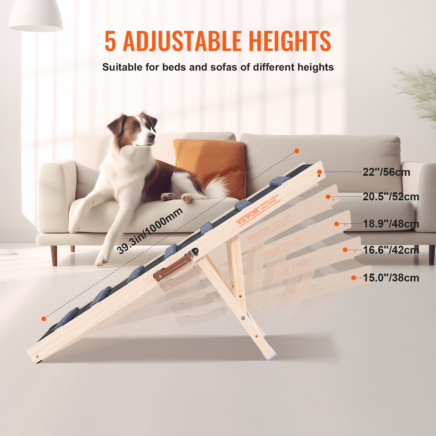 VEVOR Folding Dog Ramp - Adjustable Wooden Pet Ramp for Bed, Couch, Sofa, and Car - Ideal for Small, Large, and Elderly Pets - 5 Height Levels - Portable & Durable Design