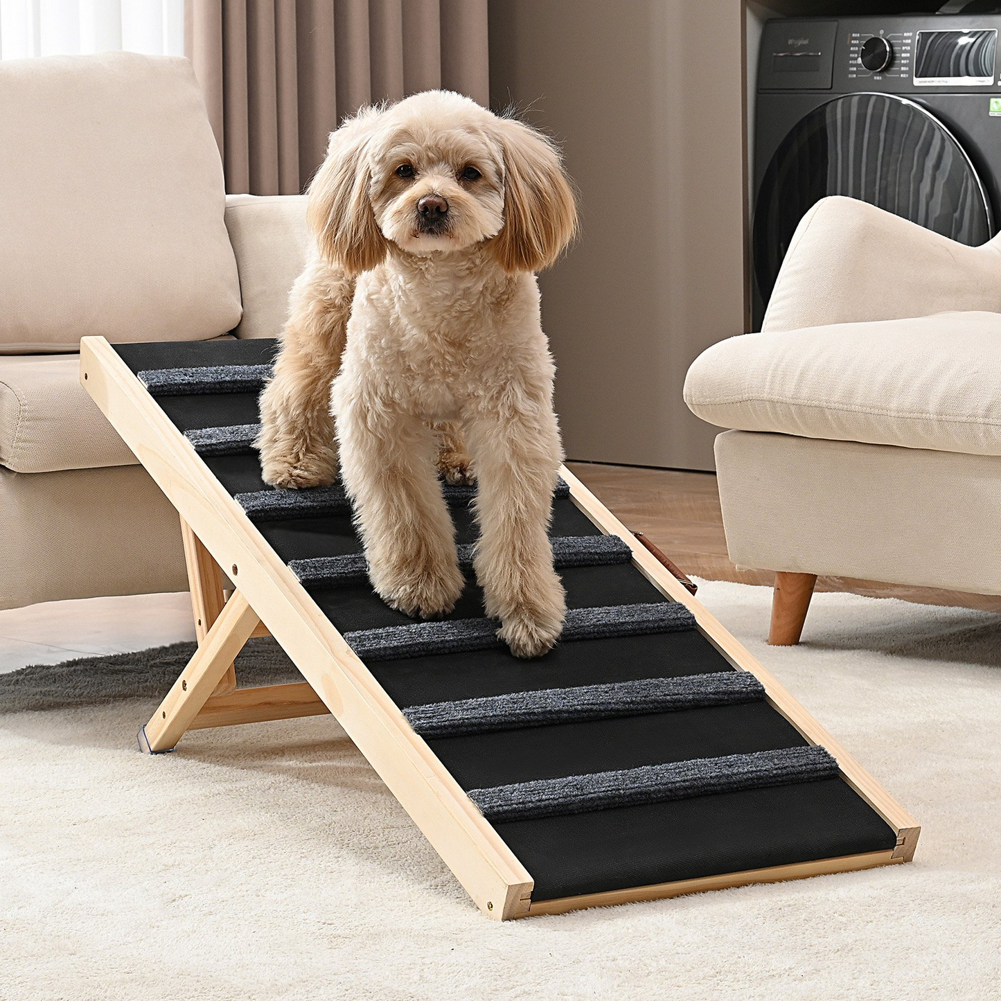 VEVOR Folding Dog Ramp - Adjustable Wooden Pet Ramp for Bed, Couch, Sofa, and Car - Ideal for Small, Large, and Elderly Pets - 5 Height Levels - Portable & Durable Design
