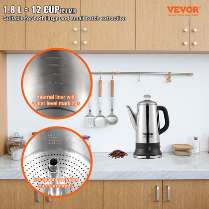 VEVOR 12-Cup Electric Percolator Coffee Pot - Stainless Steel Coffee Maker with Keep Warm Function & Easy-Pour Spout - Silver