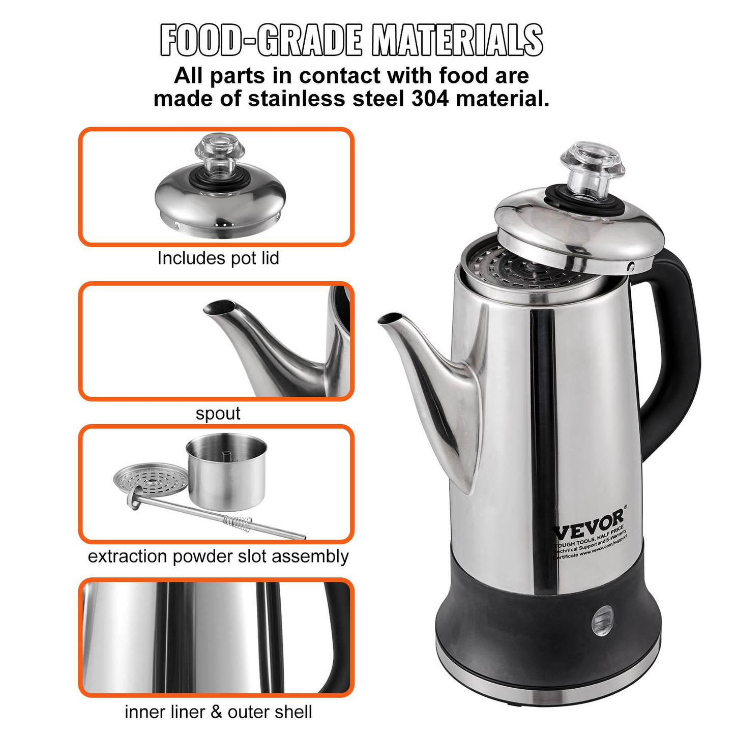 VEVOR 12-Cup Electric Percolator Coffee Pot - Stainless Steel Coffee Maker with Keep Warm Function & Easy-Pour Spout - Silver