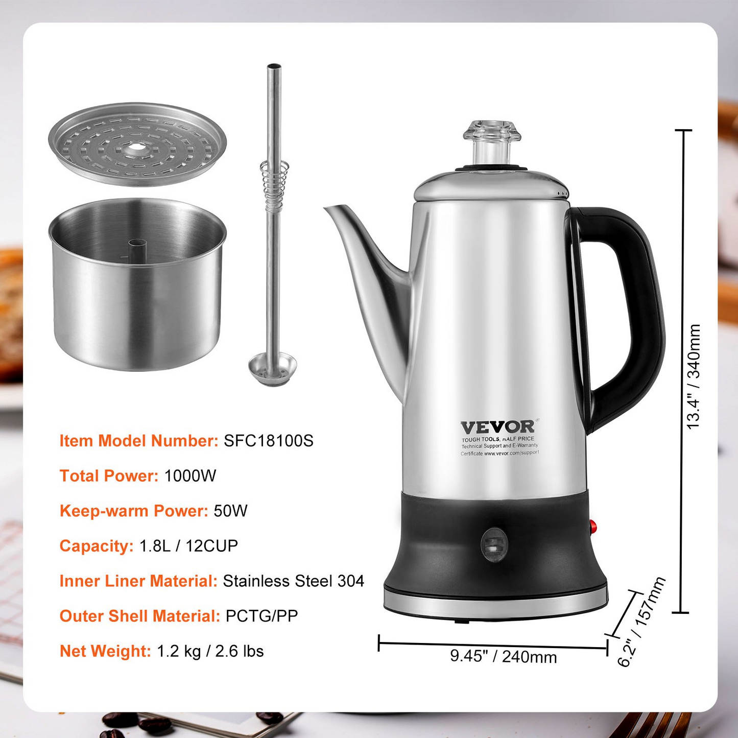 VEVOR 12-Cup Electric Percolator Coffee Pot - Stainless Steel Coffee Maker with Keep Warm Function & Easy-Pour Spout - Silver