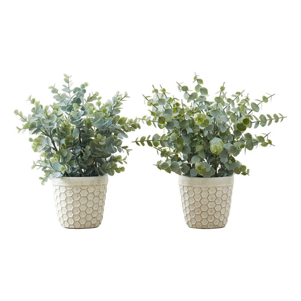 Artificial Eucalyptus Grass Plant, 13" Tall, Faux Greenery for Indoor Décor, Realistic Fake Plants with Adjustable Leaves in Elegant White Pots - Set of 2