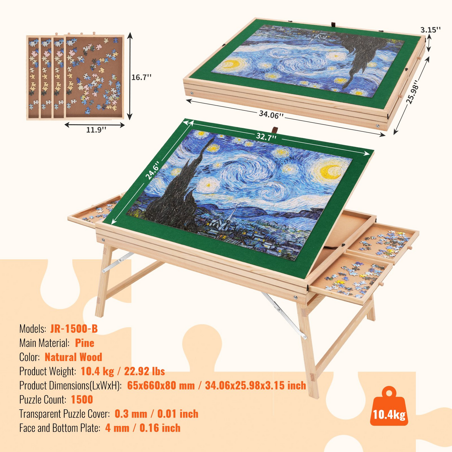 VEVOR 1500 Piece Puzzle Table with Folding Legs and 4 Drawers