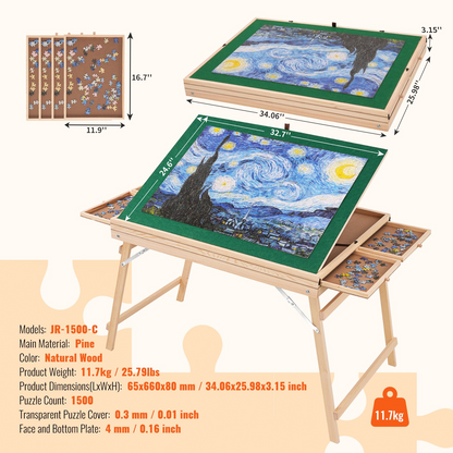 VEVOR 1500 Piece Puzzle Table - Folding Legs, 4 Drawers, Adjustable 3-Tilting-Angle Board, Perfect Gift for Mom