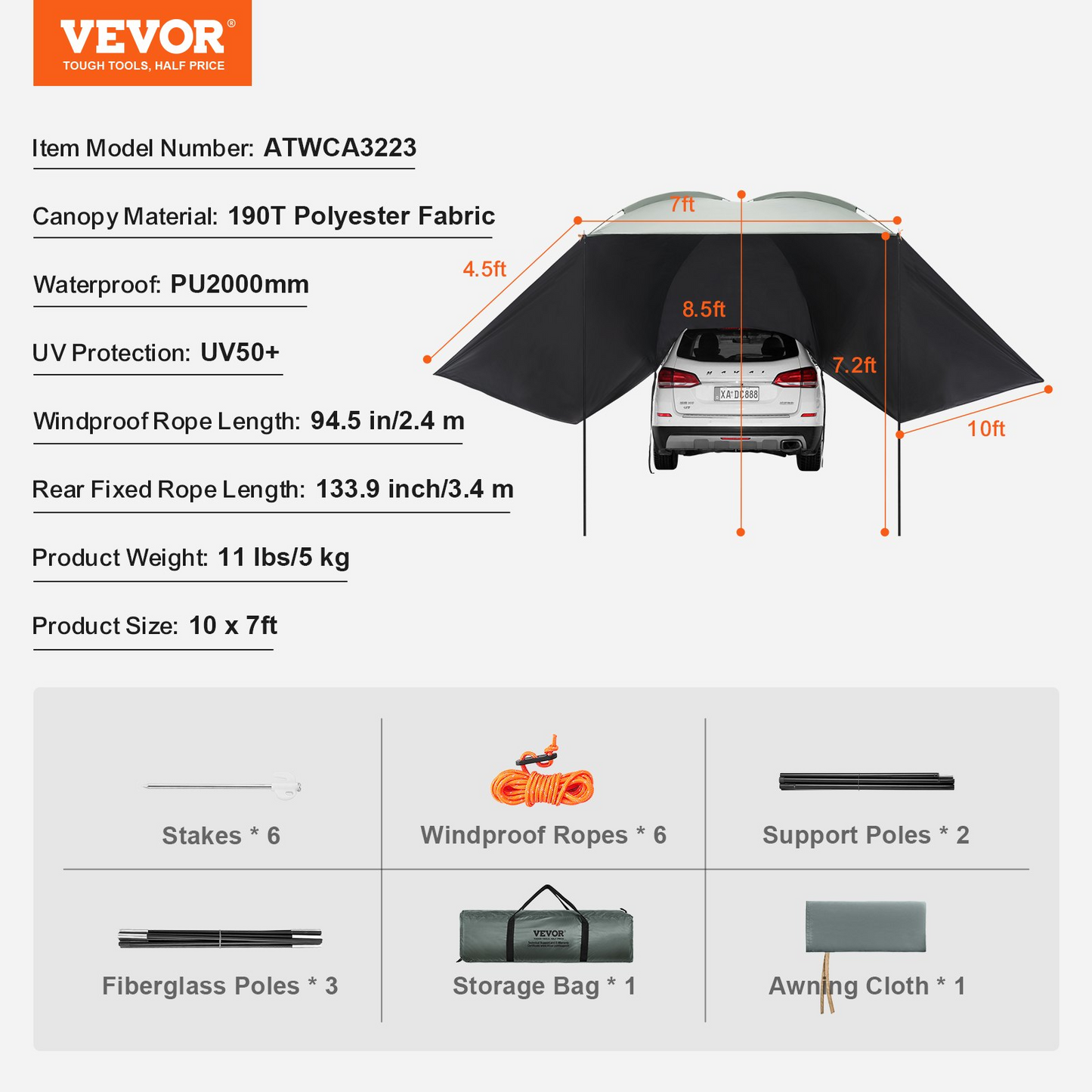 VEVOR Vehicle Awning - Large 10' x 7' Shade Coverage Car Side Awning