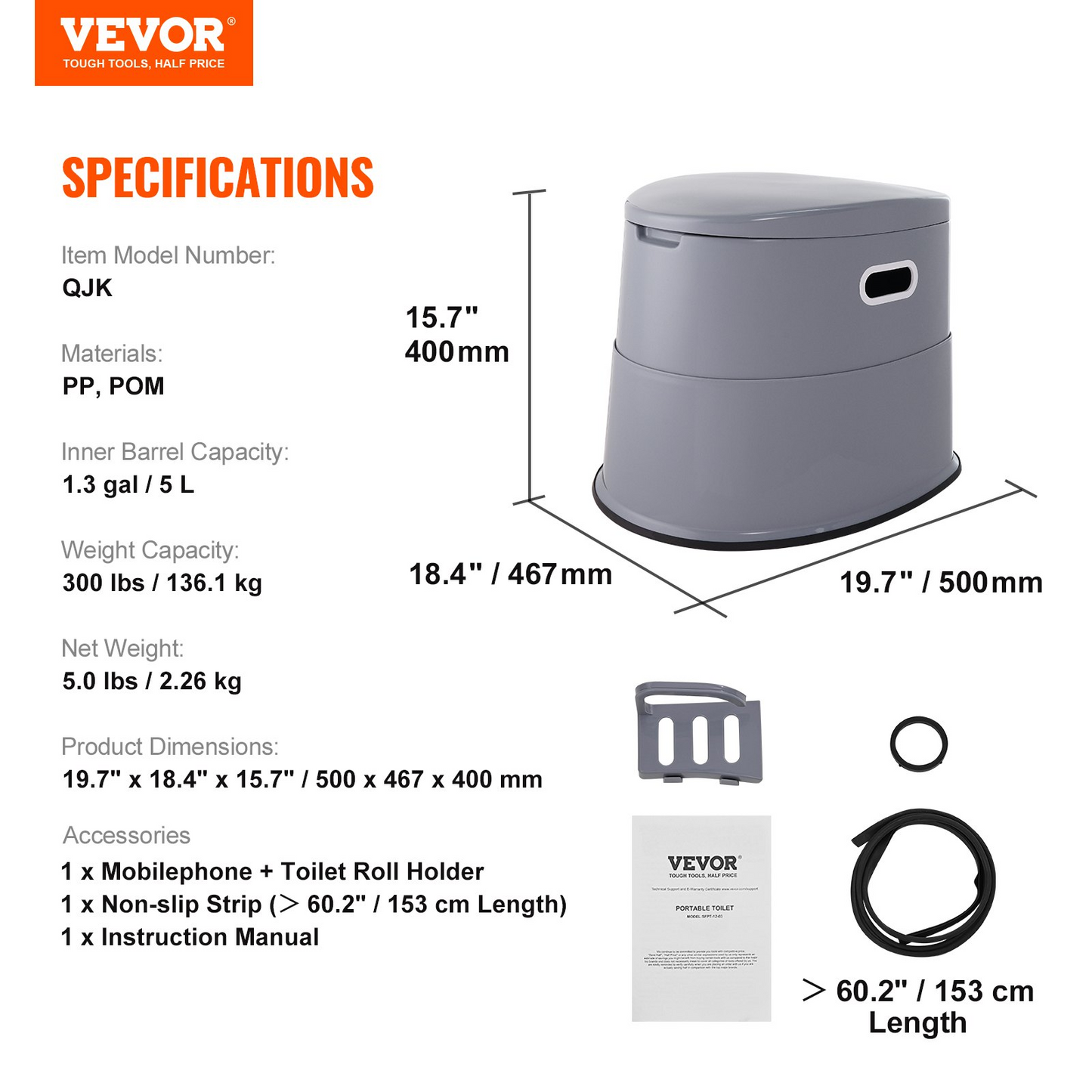 VEVOR Portable Camping Toilet - 1.3 Gallon Porta Potty with Removable Paper Holder, Dual Lids for Odor Control, Lightweight & Durable for Outdoor Adventures