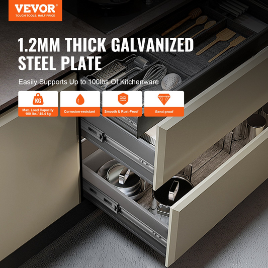 VEVOR 22 Inch Heavy Duty Drawer Slides - Soft-Close, Full Extension, Noiseless, Ball Bearing, 100 Lbs Capacity