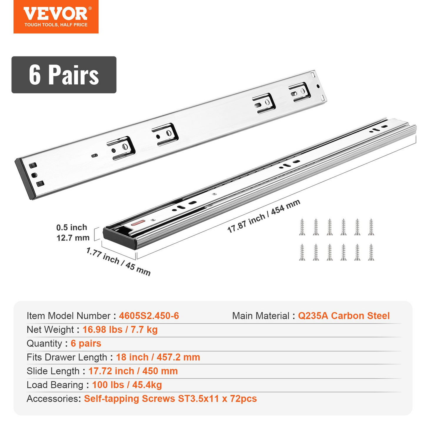 VEVOR 18" Heavy Duty 6-Pair Drawer Slides - 100 lbs Capacity, Soft-Close Steel Ball Bearing Track