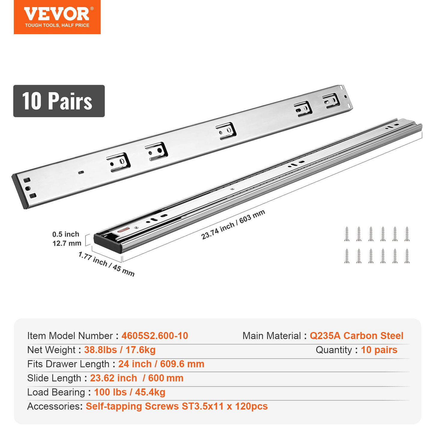 VEVOR 10 Pairs of 24 Inch Drawer Slides - Heavy Duty, Full Extension, Soft-Close, Noiseless - 100 Lbs Load Capacity