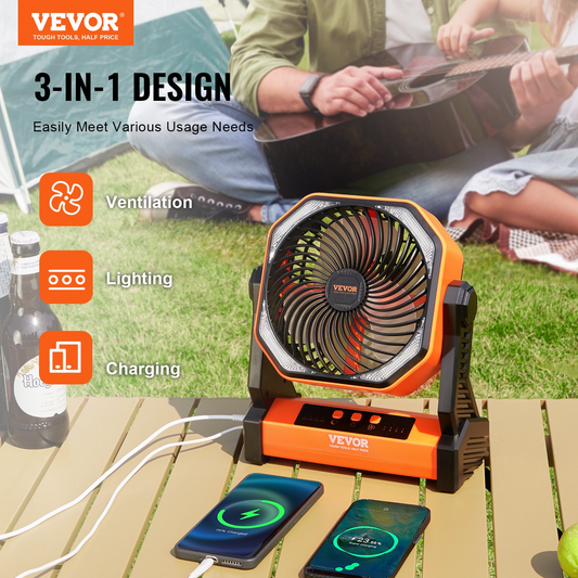 VEVOR 8-Inch Rechargeable Portable Fan with LED Lantern - 20000mAh Battery, 4-Speed Adjustable, Lightweight & Durable for Camping, Travel, Home & Office
