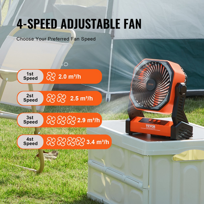 VEVOR 8-Inch Rechargeable Portable Fan with LED Lantern - 20000mAh Battery, 4-Speed Adjustable, Lightweight & Durable for Camping, Travel, Home & Office