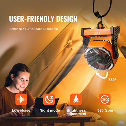 VEVOR 8-Inch Rechargeable Portable Fan with LED Lantern - 20000mAh Battery, 4-Speed Adjustable, Lightweight & Durable for Camping, Travel, Home & Office