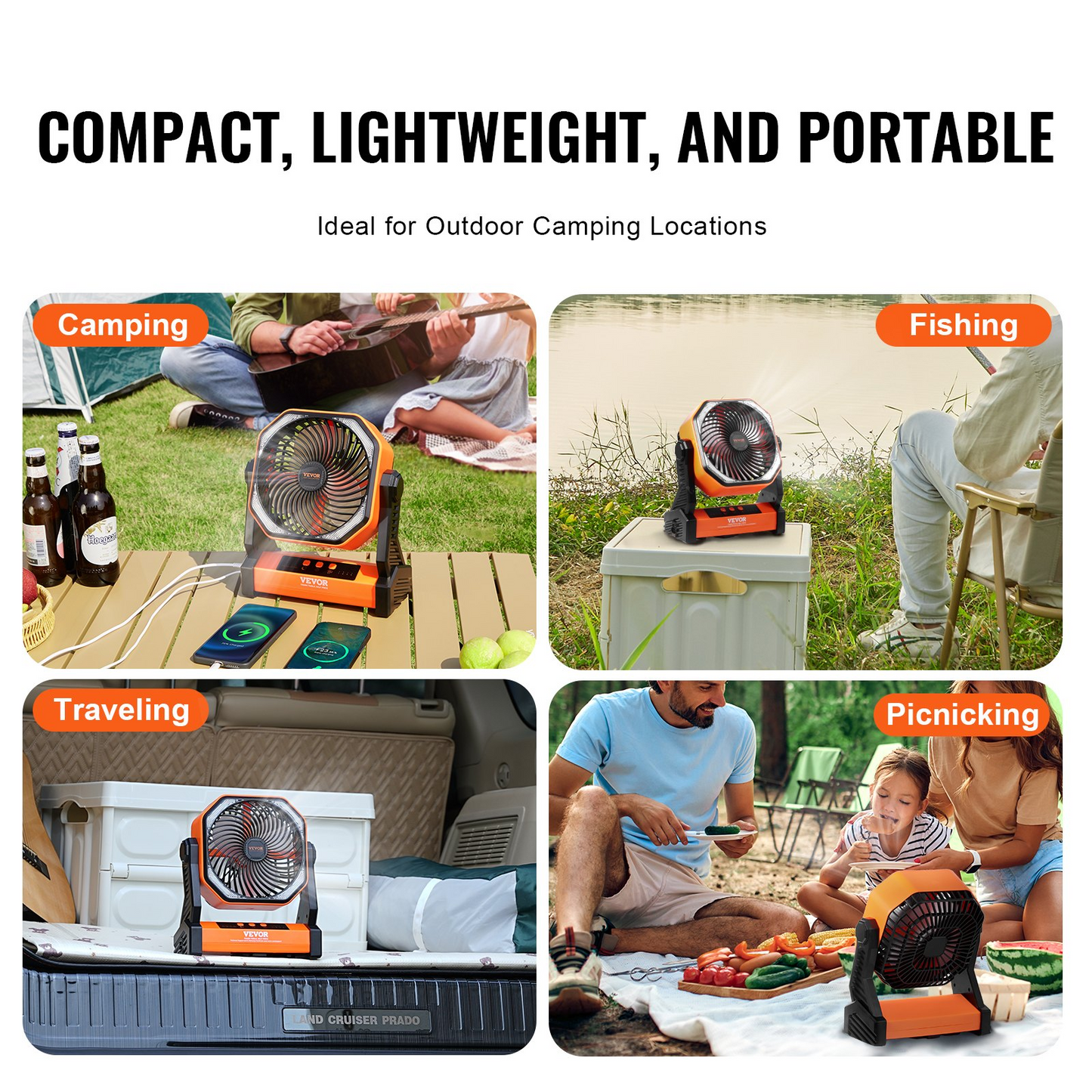 VEVOR 8-Inch Rechargeable Portable Fan with LED Lantern - 20000mAh Battery, 4-Speed Adjustable, Lightweight & Durable for Camping, Travel, Home & Office