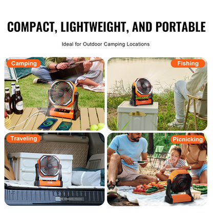 VEVOR 8-Inch Rechargeable Portable Fan with LED Lantern - 20000mAh Battery, 4-Speed Adjustable, Lightweight & Durable for Camping, Travel, Home & Office