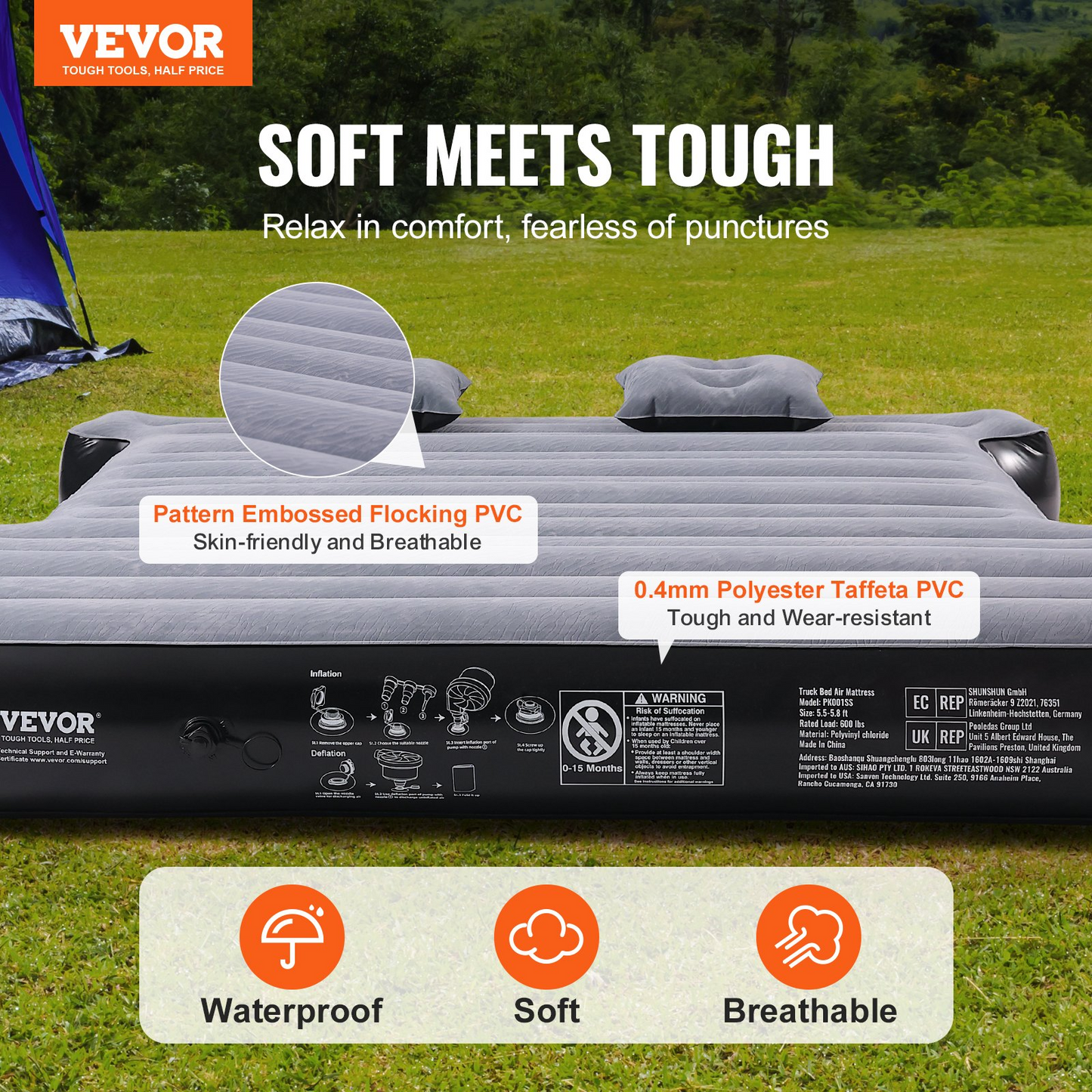 VEVOR Truck Bed Air Mattress - Inflatable Camping Bed for Short Truck Beds, with 12V Air Pump, 600 lbs Load Capacity, Includes Pillows and Carry Bag